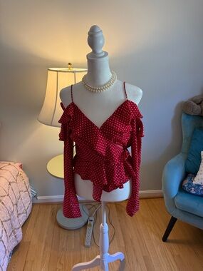 Fables Women’s Red Polka Dot Ruffle Cold-Shoulder Wrap Blouse